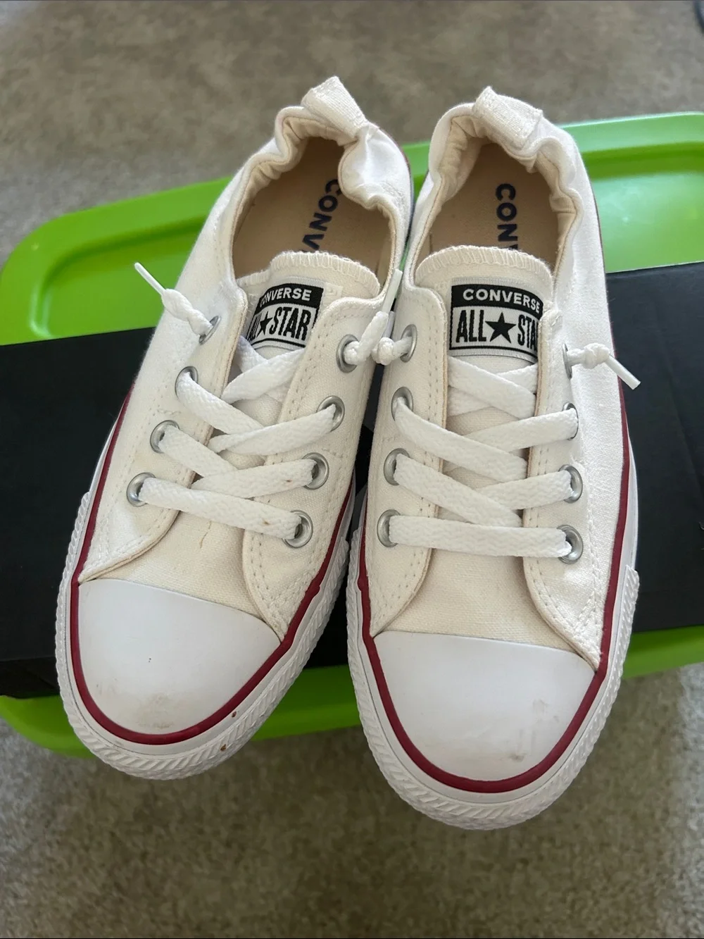 Converse Kids Low Top Canvas Sneakers in White with Red Stripe